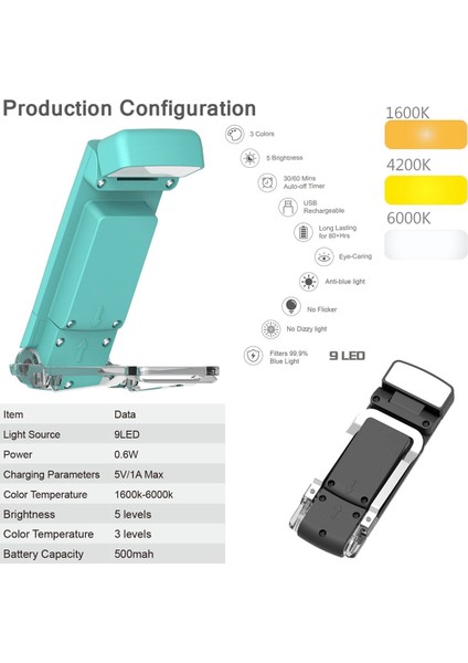 Okuma Işığı Taşınabilir Şarj Edilebilir Kitap Işığı Yatakta Gece Okumak Için, Çocuklar Için Zamanlayıcı Gece Kitap Okuma Severler Mavi (Yurt Dışından)