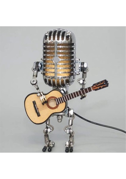 Retro Tarzı Vintage Mikrofon Robot Masa Lambası, Vintage Mikrofon Robot Dokunmatik Dimmer Lamba Masa Lambası Beyaz (Yurt Dışından)