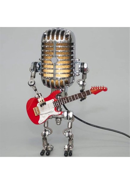 Retro Tarzı Vintage Mikrofon Robot Masa Lambası, Vintage Mikrofon Robot Dokunmatik Dimmer Lamba Masa Lambası Beyaz (Yurt Dışından)