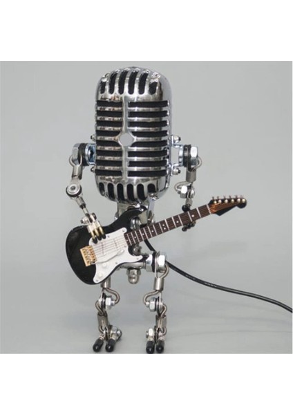 Retro Tarzı Vintage Mikrofon Robot Masa Lambası, Vintage Mikrofon Robot Dokunmatik Dimmer Lamba Masa Lambası Beyaz (Yurt Dışından)