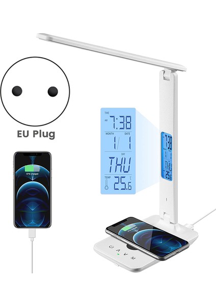 LED Masa Lambası, Kablosuz Şarj Cihazı, USB Şarj Bağlantı Noktası, Saat, Alarm, Tarih, Ev Ofis Için Masa Lambaları-Ab Fişi (Yurt Dışından) indirimleri