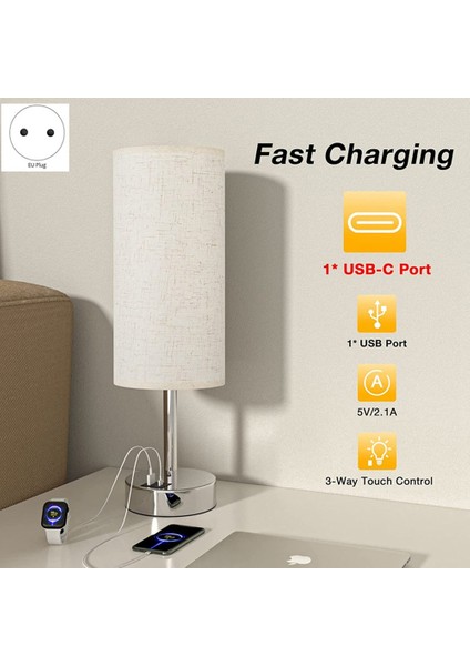 Başucu Masa Lambası Dokunmatik Kontrol Yazma Lambaları Usb-C Usb-A Şarj Portu USB Lamba Abajur Çalışması Ab Tak (Yurt Dışından)
