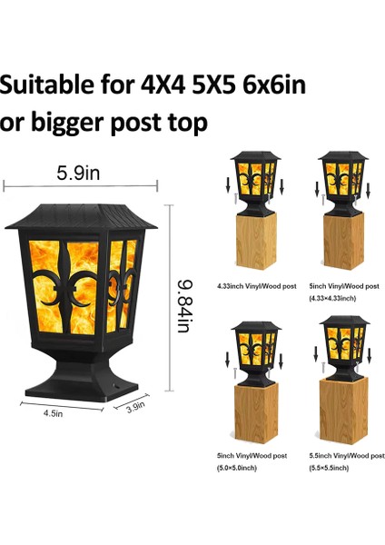 1 Paket Güneş Enerjili Direk Işığı, Titreyen Alev Direk Kapağı LED Lamba, Açık Güverte Çit 4x4 5x5 6x6 Direk Üstü Bahçe Veranda Avlu (Yurt Dışından)