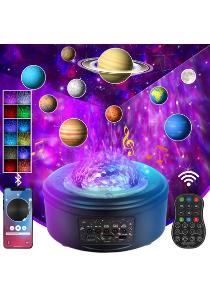 LED Gece Lambası Yıldız Projektörü, Bluetooth Hoparlör ve Uzaktan Kumanda, 10 Gezegen Projektörü ve Okyanus Dalgası Projektörü (Yurt Dışından)