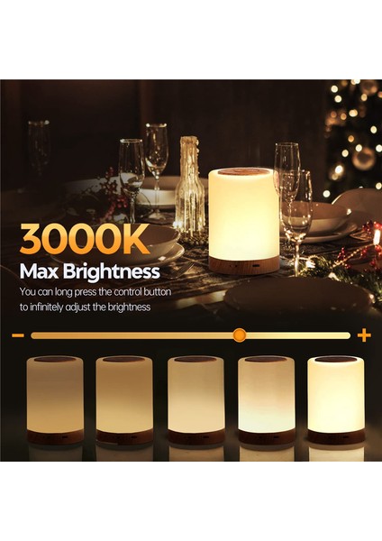 LED Başucu Lambası Dokunmatik Kısılabilir 7 Renk ve 4 Mod ile Ahşap Tahıl Gece Lambası USB Şarj Edilebilir Masa Lambası (Yurt Dışından)