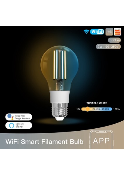 Wifi Akıllı Filament Ampul LED Işık Lambası E27 Kısılabilir Aydınlatma 2700K-6500K 806LM Tuya Alexa Google Ses Kontrolü 7W (Yurt Dışından)