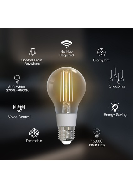 Wifi Akıllı Filament Ampul LED Işık Lambası E27 Kısılabilir Aydınlatma 2700K-6500K 806LM Tuya Alexa Google Ses Kontrolü 7W (Yurt Dışından)