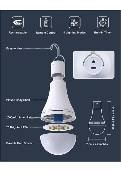 Uzaktan Kumandalı USB Şarj Edilebilir Ampul, Ev Elektrik Kesintisi Için, Kancalı Askılı LED Ampul, Dış Mekan Için 2'li Paket (Yurt Dışından)