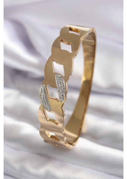 316L Çelik Gold Renk Zincir Model Zirkon Taş Detay Kadın Kelepçe - TJ-BB5575