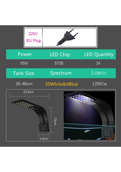 X5-B-Bw Eu Fiş Stili Süper Ince LED Akvaryum Aydınlatma Taze Bitkiler Büyüme Işığı 10W Su Bitkileri Aydınlatma Klipsli Lamba Balık Nano Tanklar Için (Yurt Dışından)