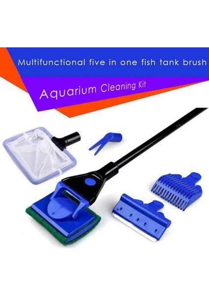 Mavi Stil 5'li Akvaryum Tankı Temizleme Araçları Seti Balık Ağı Cam Temizleyici Kum Tarama Yosun Kazıyıcı Ot Çatalı Sünger Fırça (Yurt Dışından)