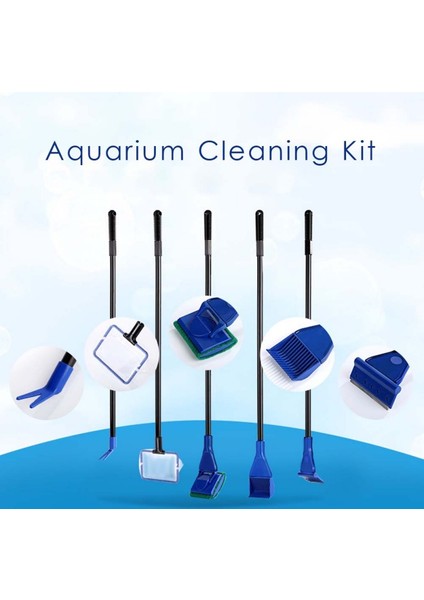 Mavi Stil 5'li Akvaryum Tankı Temizleme Araçları Seti Balık Ağı Cam Temizleyici Kum Tarama Yosun Kazıyıcı Ot Çatalı Sünger Fırça (Yurt Dışından) modelleri