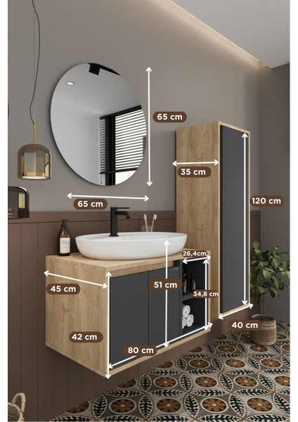 Gül 80 cm Banyo Dolabı+Ayna+Lavabo+Boy Dolabı modelleri