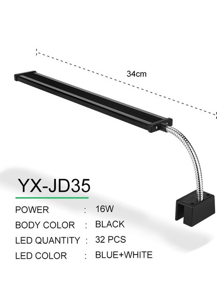 YX-JD35 Siyah Gövde Stili Esnek Başlıklı Alüminyum Alaşımlı 3W 7W 12W 14W 16W 18W 220~240V Ultra Ince Akvaryum Lambası Sucul Bitkiler Için LED Balık Tankı Işığı (Yurt Dışından)