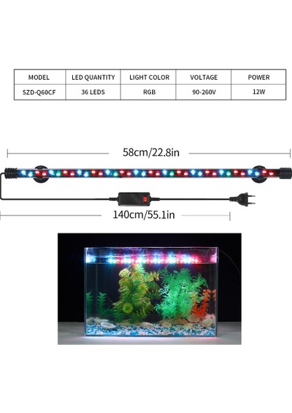 Q60CF Stili Akvaryum Işık LED Su Geçirmez Balık Tankı Klip Işık Sualtı Dekor Aydınlatma Daldırma Lamba Bitki Büyüme Lambası cm (Yurt Dışından)