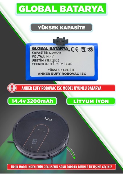 Anker Eufy Robovac 15C Robot Süpürge Bataryası 14.4v 3200mAh Li-ion Pil (Yüksek Kapasite)