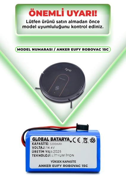 Anker Eufy Robovac 15C Robot Süpürge Bataryası 14.4v 3200mAh Li-ion Pil (Yüksek Kapasite)