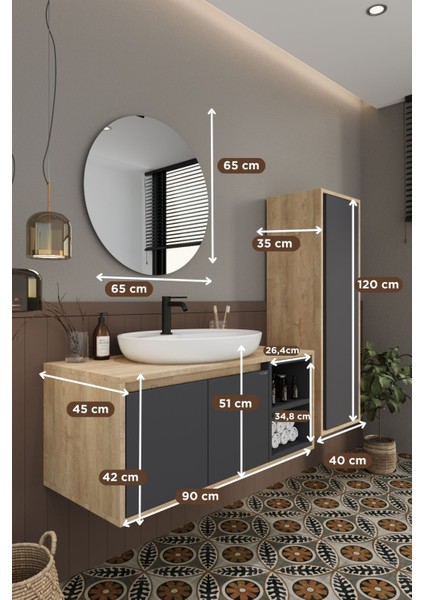 Gül 90 cm Banyo Dolabı+Ayna+Lavabo+Boy Dolabı modelleri