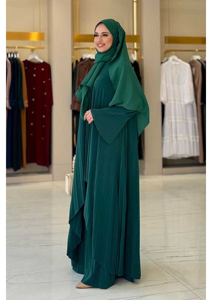 Pilise Detaylı Uzun Tunik ve Pantolon Ikili Takım 8575 Zümrüt
