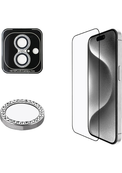 Apple iPhone 16 Guess Lisanslı Rhinestone Ekran ve Taşlı Lens Koruyucu 2'li Aksesuar Seti Gümüş