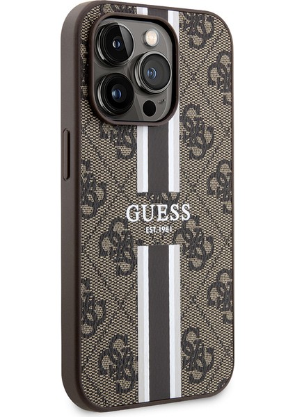 Apple iPhone 15 Pro Kılıf Guess Lisanslı Magsafe Şarj Özellikli 4g Şerit Tasarımlı Printed Kahverengi modelleri