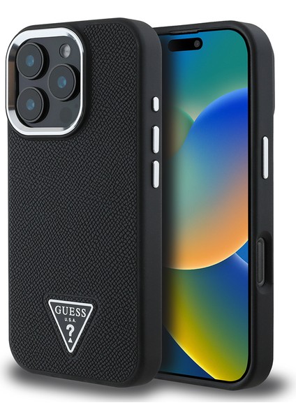 Apple iPhone 16 Pro Max Kılıf Guess Orjinal Lisanslı Magsafe Şarj Özellikli Grained Triangle Kapak Siyah