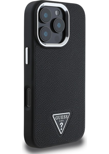 Apple iPhone 16 Pro Max Kılıf Guess Orjinal Lisanslı Magsafe Şarj Özellikli Grained Triangle Kapak Siyah modelleri
