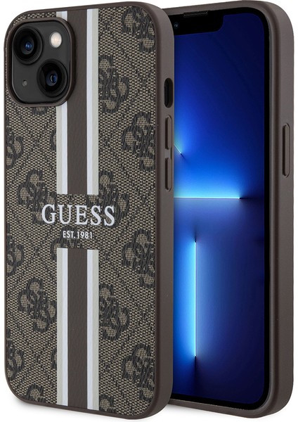 Apple iPhone 14 Kılıf Guess Lisanslı Magsafe Şarj Özellikli 4g Şerit Tasarımlı Printed Kapak Kahverengi