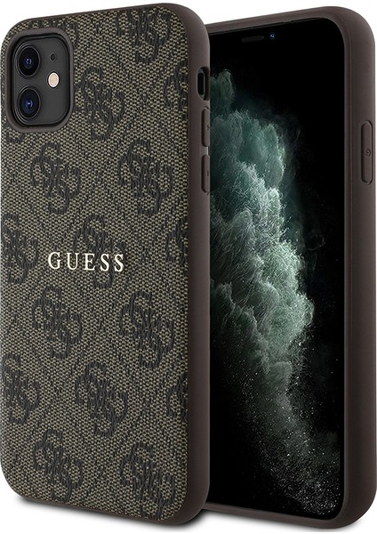 iPhone 11 Kılıf Guess Orjinal Lisanslı Magsafe Uyumlu 4g Desen Yazı Logolu Kapak Kahverengi