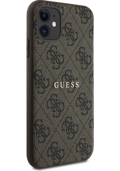 iPhone 11 Kılıf Guess Orjinal Lisanslı Magsafe Uyumlu 4g Desen Yazı Logolu Kapak Kahverengi modelleri