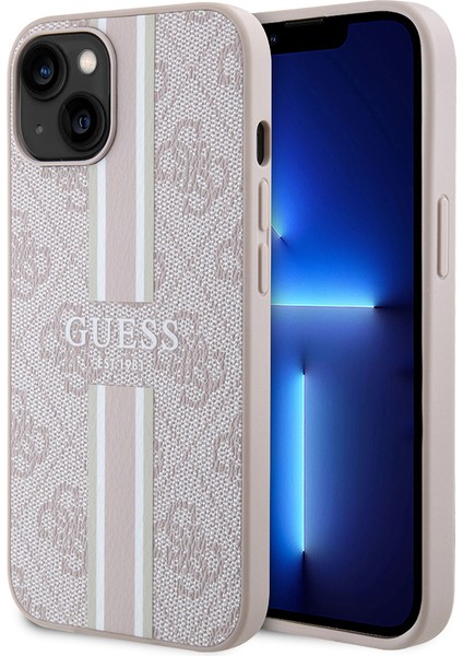 Apple iPhone 15 Kılıf Guess Orjinal Lisanslı Magsafe Şarj Özellikli 4g Şerit Tasarımlı Printed Kapak Pembe