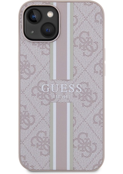 Apple iPhone 15 Kılıf Guess Orjinal Lisanslı Magsafe Şarj Özellikli 4g Şerit Tasarımlı Printed Kapak Pembe