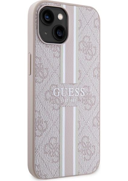 Apple iPhone 15 Kılıf Guess Orjinal Lisanslı Magsafe Şarj Özellikli 4g Şerit Tasarımlı Printed Kapak Pembe