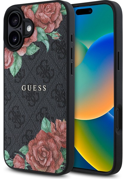 Apple iPhone 16 Kılıf Guess Lisanslı Magsafe Şarj Özellikli Gül Baskılı 4g Desenli Yazı Logolu Kapak Siyah