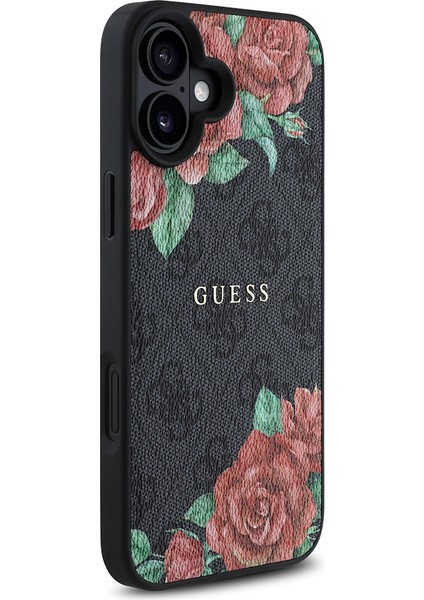 Apple iPhone 16 Kılıf Guess Lisanslı Magsafe Şarj Özellikli Gül Baskılı 4g Desenli Yazı Logolu Kapak Siyah modelleri