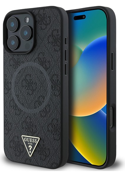 Apple iPhone 16 Pro Kılıf Guess Lisanslı Magsafe Şarj Özellikli Pu Üçgen Logo 4g Desenli Kapak Siyah