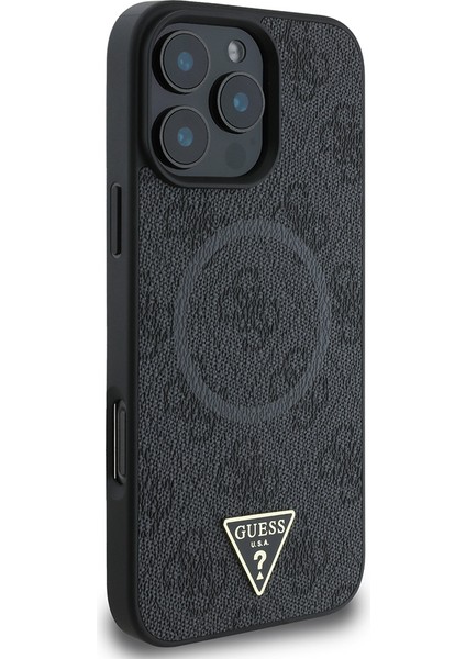 Apple iPhone 16 Pro Kılıf Guess Lisanslı Magsafe Şarj Özellikli Pu Üçgen Logo 4g Desenli Kapak Siyah modelleri