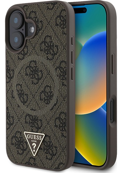 Apple iPhone 16 Kılıf Guess Lisanslı Magsafe Şarj Özellikli Pu Üçgen Logo 4g Desenli Kapak Kahverengi