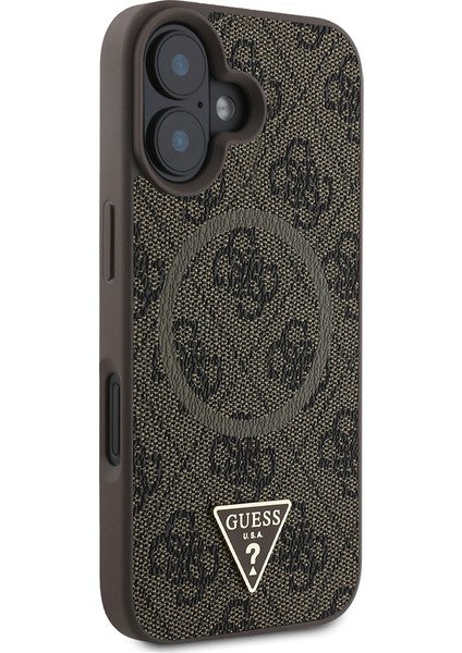 Apple iPhone 16 Kılıf Guess Lisanslı Magsafe Şarj Özellikli Pu Üçgen Logo 4g Desenli Kapak Kahverengi modelleri