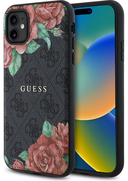 iPhone 11 Kılıf Guess Orjinal Lisanslı Magsafe Uyumlu Gül Baskılı 4g Desenli Yazı Logolu Kapak Siyah