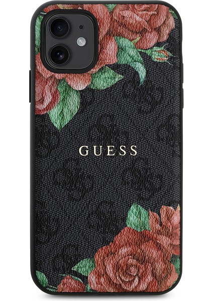 iPhone 11 Kılıf Guess Orjinal Lisanslı Magsafe Uyumlu Gül Baskılı 4g Desenli Yazı Logolu Kapak Siyah