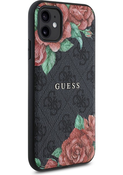 iPhone 11 Kılıf Guess Orjinal Lisanslı Magsafe Uyumlu Gül Baskılı 4g Desenli Yazı Logolu Kapak Siyah