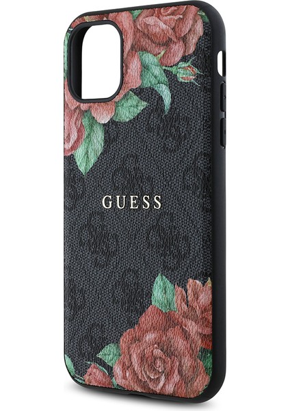 iPhone 11 Kılıf Guess Orjinal Lisanslı Magsafe Uyumlu Gül Baskılı 4g Desenli Yazı Logolu Kapak Siyah