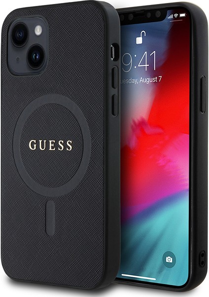 Apple iPhone 12 Kılıf Guess Lisanslı Magsafe Şarj Özellikli Yazı Logolu Saffiano Classic Kapak Siyah