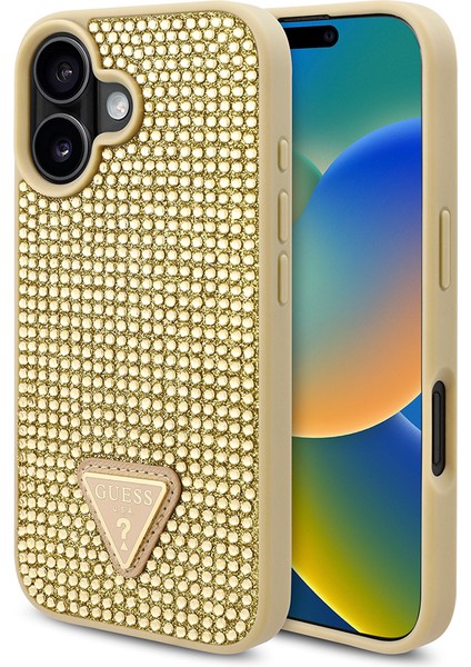 Apple iPhone 16 Plus Kılıf Guess Orjinal Lisanslı Üçgen Logolu Taşlı Kapak Gold