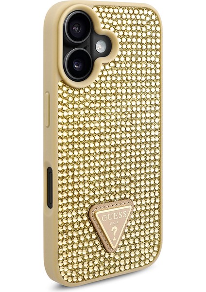 Apple iPhone 16 Plus Kılıf Guess Orjinal Lisanslı Üçgen Logolu Taşlı Kapak Gold modelleri