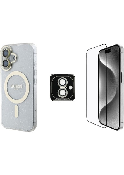 Apple iPhone 16 Guess Lisanslı 3'lü Aksesuar Seti Iml Simli Glitter Kılıf Ekran ve Lens Koruyucu Şeffaf
