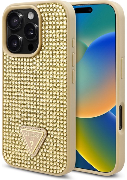 Apple iPhone 16 Pro Kılıf Guess Orjinal Lisanslı Üçgen Logolu Taşlı Kapak Gold