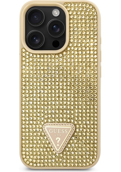 Apple iPhone 16 Pro Kılıf Guess Orjinal Lisanslı Üçgen Logolu Taşlı Kapak Gold fiyatları