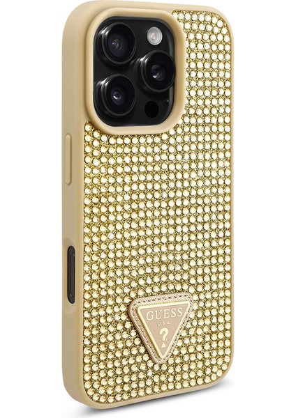 Apple iPhone 16 Pro Kılıf Guess Orjinal Lisanslı Üçgen Logolu Taşlı Kapak Gold modelleri
